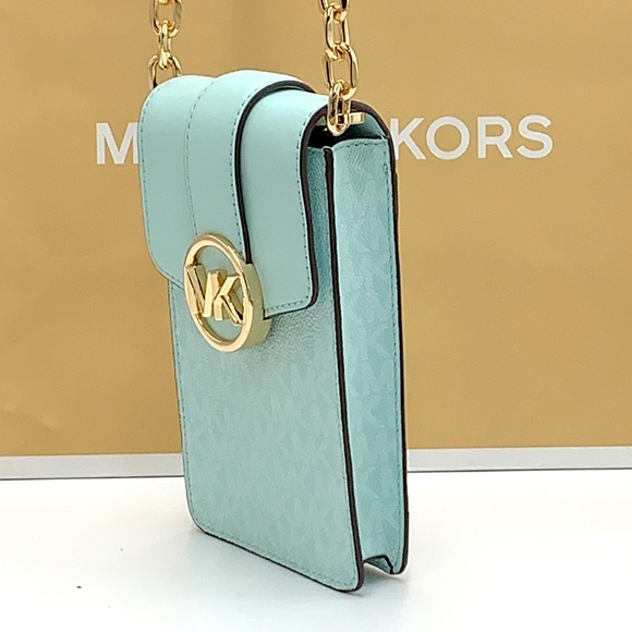 NWT MICHAEL KORS CARMEN SMALL NORTH SOUTH PHONE XBODY FAIR AQUA SIGNATURE COLOR - Picture 13 of 16
